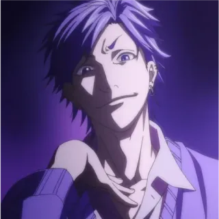 😈 Anime, Cabelo roxo, Sorriso irônico, Personagem masculino, Estilo anime, Ilustração telegram sticker