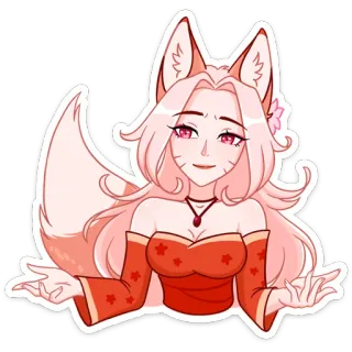 🙂 anime girl, fox girl, kitsune, pink hair, red dress whatsapp sticker