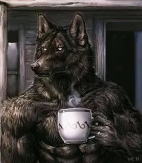 ☕️ Anthro, Furry, Loup-garou, Loup, Café, Tasse, Anthropomorphe, Monstre telegram sticker