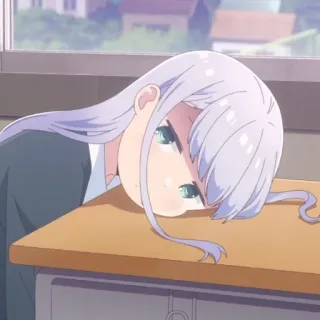 😞 Anime, Mädchen, gelangweilt, Schule, Schreibtisch, liegend telegram sticker