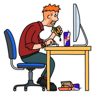🙁 cartoon, computer, desk, gamer, eating, stress, busy telegram sticker
