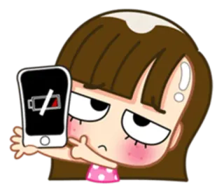🔋 cartoon, girl, low battery, phone, sad, emoji whatsapp sticker