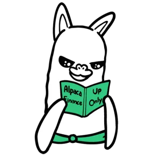 📖 Alpaca Finance Up Only Alpaca, Finanças, Criptomoeda, Desenho animado, Animal, Leitura whatsapp sticker