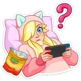 😳 ЧИПСЫ fille, pyjama, chips, point d'interrogation, goûter, gaming, blonde, pyjama chat, Nintendo Switch whatsapp sticker