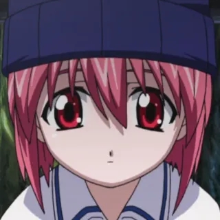💉 anime, ragazza, capelli rosa, occhi rossi, cappello blu telegram sticker