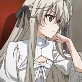 🍮 anime, girl, long hair, ribbon, cute, pensive telegram sticker