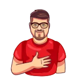 😊 man, person, glasses, hand on chest, cartoon, red shirt, illustration telegram sticker