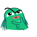 🤔 monstruo, dibujos animados, pez, pensando, confundido, verde, animado whatsapp sticker