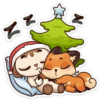 🤗 zzz schlafend, Katze, Fuchs, Weihnachtsbaum, zzz, süß, kawaii, Winter telegram sticker