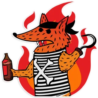 😡 renard, pirate, bouteille, dessin animé, animal, feu, os, tête de mort telegram sticker