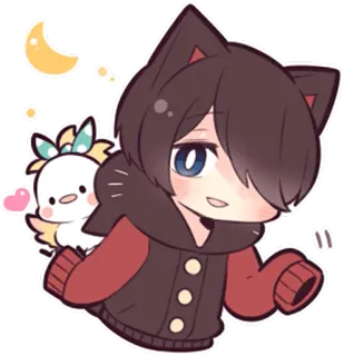 🌙 kawaii, anime, catboy, chibi, carino, luna, uccello whatsapp sticker