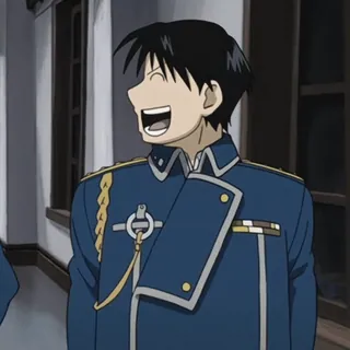 💙 Roy Mustang Fullmetal Alchemist Roy Mustang, Fullmetal Alchemist, anime, laughter, laughing, uniform, colonel, happy telegram sticker