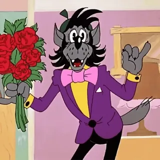 💐 Wolf Nu, pogodi! wolf, cartoon, flowers, suit, bow tie telegram sticker