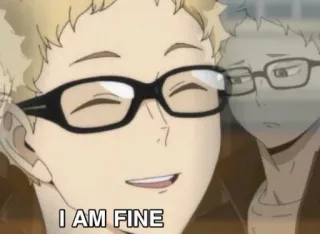 😐 I AM FINE Anime, Brille, Blonde Haare, Mir geht's gut telegram sticker