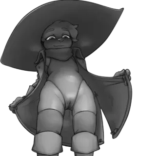 🍑 anthropomorphic, character, hat, cloak, flashing, grayscale, drawing, fictional creature whatsapp sticker