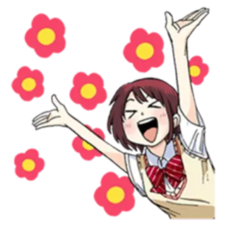 😆 Anime, Chica, Feliz, Alegre, Uniforme escolar, Flores rojas telegram sticker