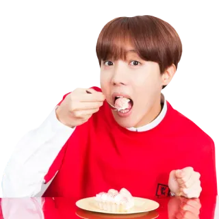 🍧 J-Hope kpop, BTS, J-Hope, mangiare, torta, camicia rossa whatsapp sticker