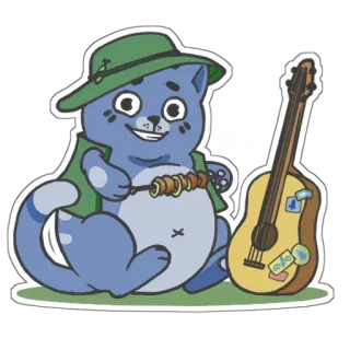 🏕 gato, guitarra, brochetas, comida, sombrero verde, aventura, dibujos animados, pegatina whatsapp sticker