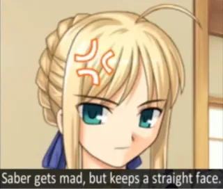 😐 Saber Saber gets mad, but keeps a straight face. Аниме, Сейбер, Злой, Серьезный, Светлые волосы, Женский персонаж telegram sticker