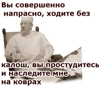 🤕 Вы совершенно
напрасно, ходите без
калош, вы простудитесь
и наследите мне
на коврах russo, testo, camminare, galosce, freddo, tappeto, vecchio telegram sticker