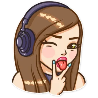 😜 девушка, мультфильм, наушники, подмигивание, язык, милый telegram sticker