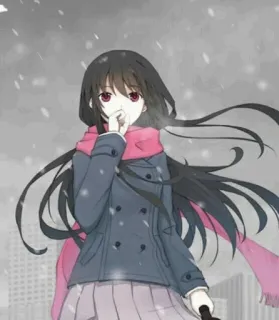 ⛓ garota anime, inverno, neve, cachecol, cabelo comprido, paisagem urbana, desenho animado telegram sticker