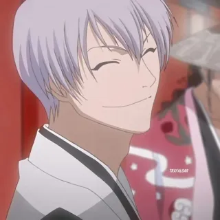 💙 Gin Ichimaru Bleach anime, sorridente, capelli argentati, maschio, cartone animato telegram sticker