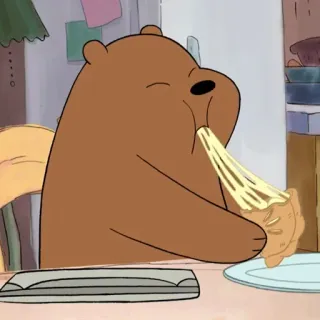 🥟 Grizzly We Bare Bears медведь, мультфильм, еда, ест, пицца, сыр whatsapp sticker