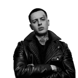 👤 osoba, mężczyzna, portret, czarno-białe, skórzana kurtka, tatuaż telegram sticker