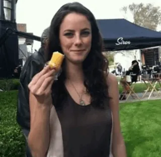 🦋 woman, corn, smile, eating, outdoors, food telegram sticker