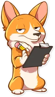 📝 perro, corgi, portapapeles, lápiz, escritura, evaluación, inteligente whatsapp sticker