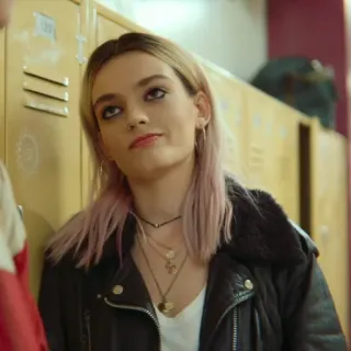 🌸 Maeve Wiley Sex Education Retrato, Mujer, Chaqueta de cuero, Adolescente, Chica, Personaje, Maeve Wiley, Sex Education telegram sticker