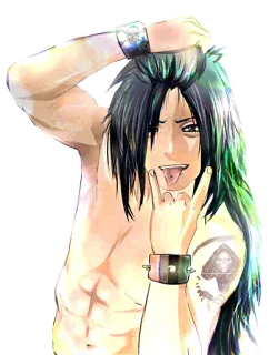😜 Anime, Mann, Bauchmuskeln, Rock on, Tätowierung, lange Haare, Geste telegram sticker