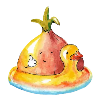 👍 zwiebel, ente, gummiente, daumen hoch, niedlich, illustration, schwimmen, aquarell telegram sticker