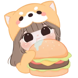 😼 kawaii, desenho animado, menina, fofo, hambúrguer, comida telegram sticker