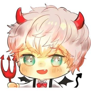 😈 악마, 악령, 치비, 귀여운, 만화, 뿔, 쇠스랑 whatsapp sticker