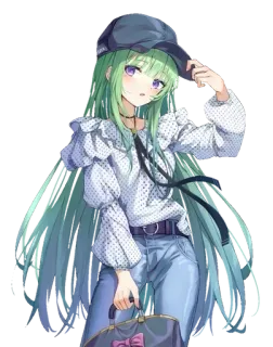 💞 Anime Mädchen, Grüne Haare, Casual, Hut, Lange Haare, Süß, Stylisch telegram sticker