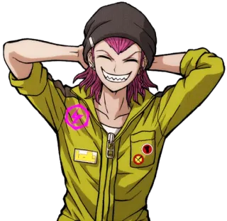 😁 Kazuichi Souda Danganronpa Anime, Videojuego, Pelo rosa, Sonriendo, Mecánico telegram sticker