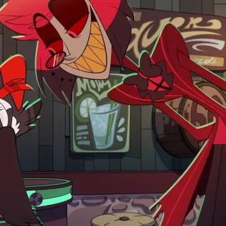 🍾 Alastor Hazbin Hotel demon, prezenter radiowy, uśmiechnięty, kreskówka, anteny telegram sticker