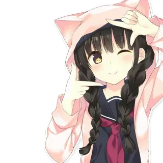 👀 Anime Mädchen, Kawaii, Cartoon, Süß, Hoodie, Zöpfe, Zwinkern telegram sticker