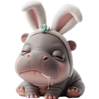 🤤 ippopotamo, animale, carino, orecchie da coniglio, assonnato, pasqua, cartone animato, neonato telegram sticker