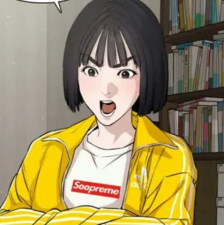 🎉 Soopreme ผู้หญิง, การ์ตูน, เด็กผู้หญิง, แฟชั่น, เสื้อแจ็คเก็ตสีเหลือง telegram sticker