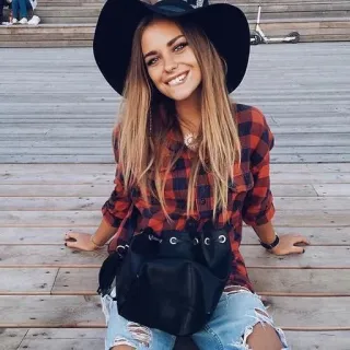 😊 woman, hat, flannel, jeans, smiling, portrait, casual telegram sticker