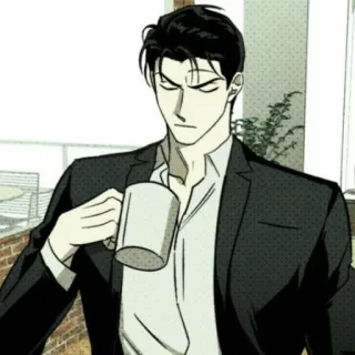 💚 hombre, traje, café, taza, serio, anime, manga telegram sticker