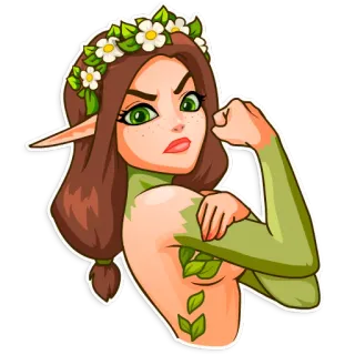 💪 elf, woman, cartoon, fantasy, nature, leaves, flowers, girl telegram sticker