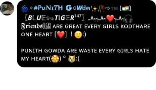 ❤️ #PUNITH GOWdA+TM[]
[BLUE TIGER147] Friends ARE GREAT EVERY GIRLS KODTHARE
ONE HEART []! :)
PUNITH GOWDA ARE WASTE EVERY GIRLS HATE
MY HEART():( telegram sticker