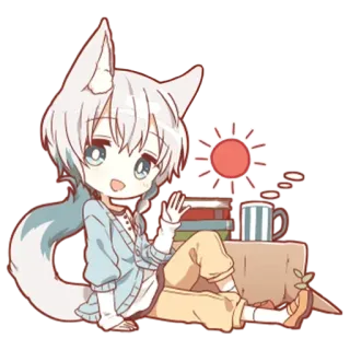 👋 anime, manga, kawaii, chibi, books, cup, sun, fox, character telegram sticker