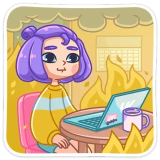 👍 fuoco, cartone animato, meme, divertente, ufficio, computer, ragazza telegram sticker