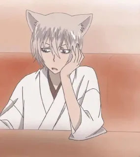 😒 animé, oreilles de renard, ennuyé, robe blanche, homme, portrait telegram sticker