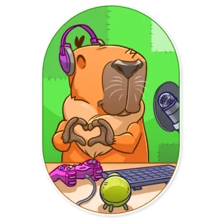 ❤ คาปิบารา, เกมเมอร์, หูฟัง, ไมโครโฟน, หัวใจ, คีย์บอร์ด, เกมแพด telegram sticker